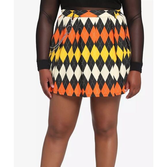 Hot Topic Orange Argyle Pleated Skirt Plus Size 2 Nwot Halloween - Picture 1 of 7